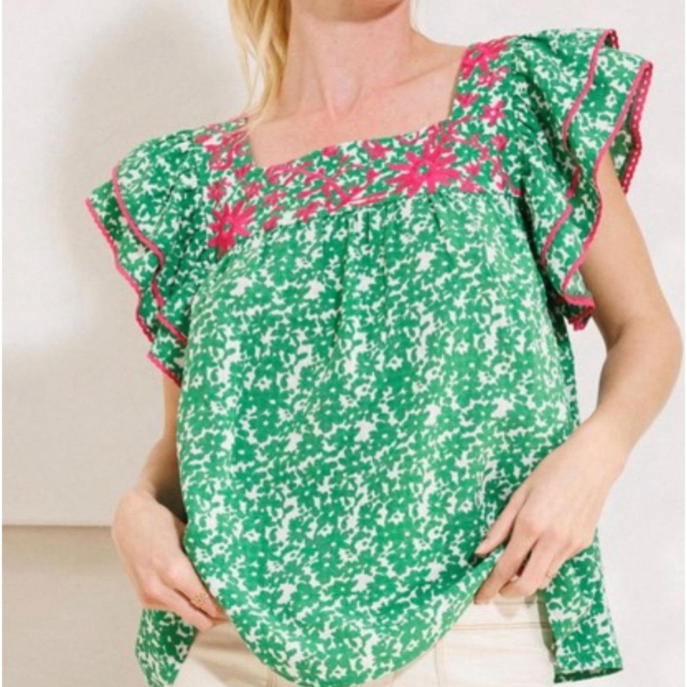 NWT Green Top with Pink Embroidered Flowers